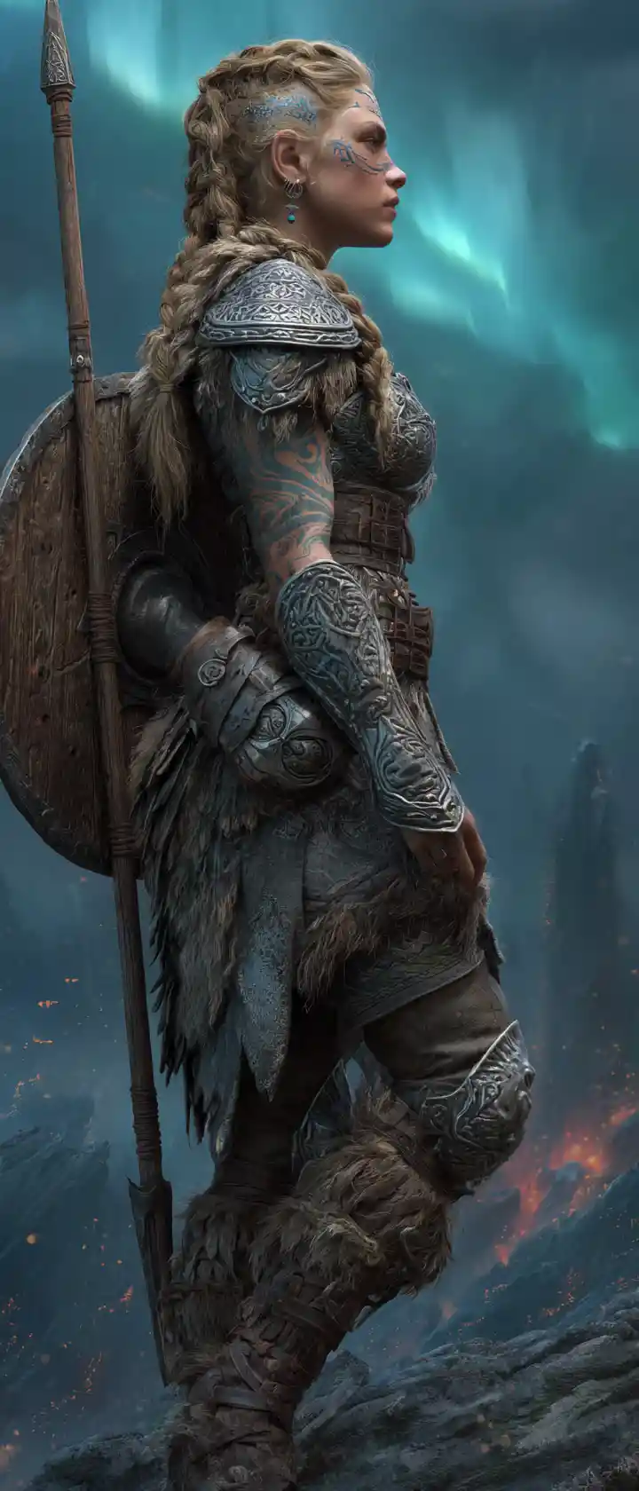 Valkyrie warrior on a stormy cliff above burning battlefield