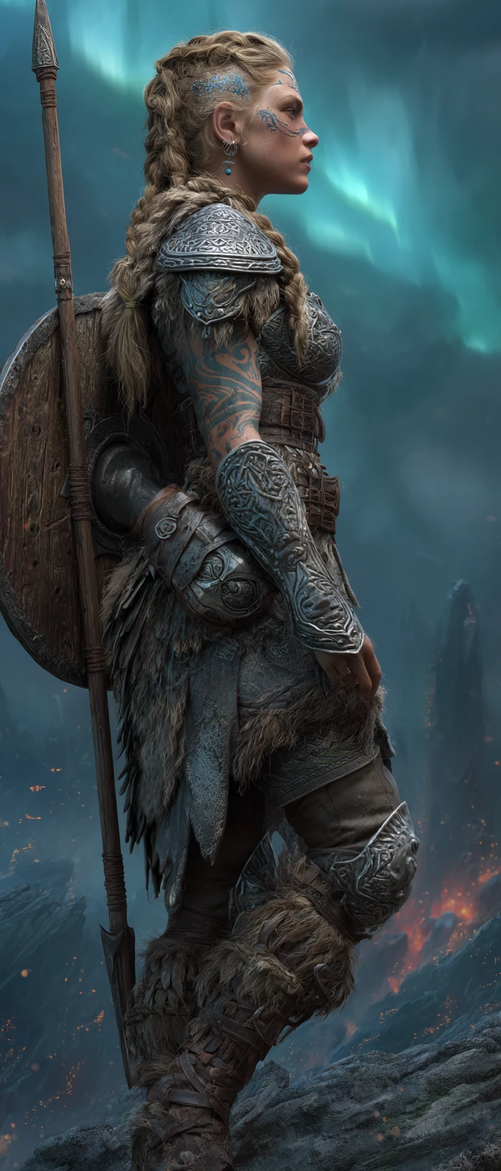 Valkyrie warrior on a stormy cliff above burning battlefield