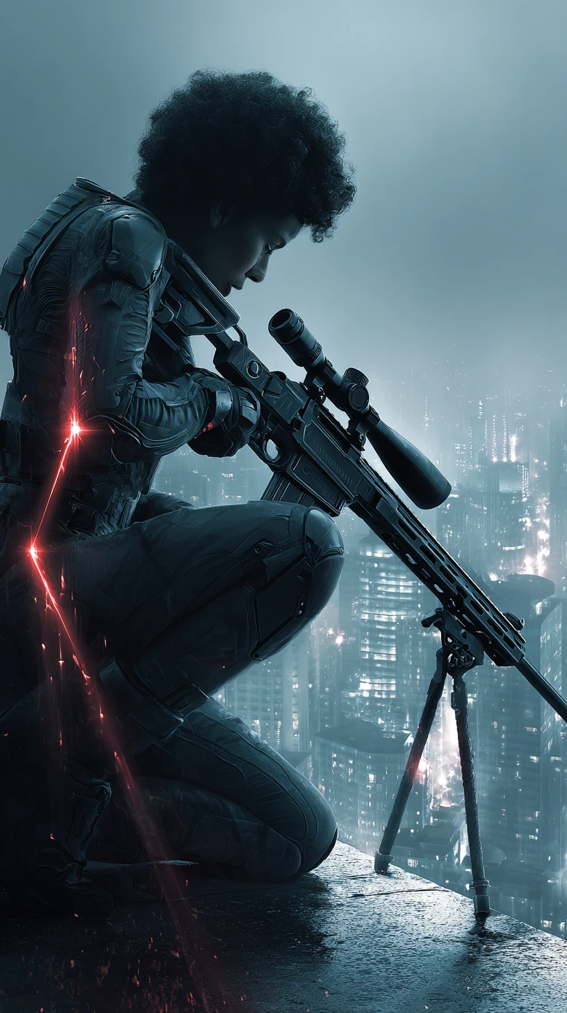 Afrofuturistic sniper on rainy Moscow rooftop in neon light