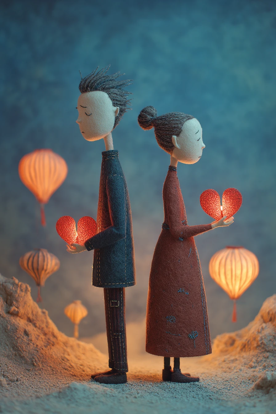 Couple tenant un cœur brisé et lumineux dans un paysage surréaliste indigo