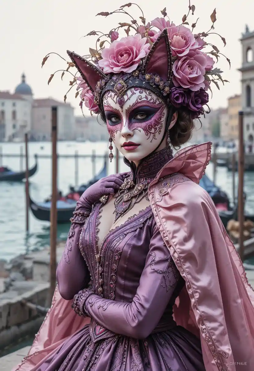 Venetian carnival woman in cat mask by the gondola bay