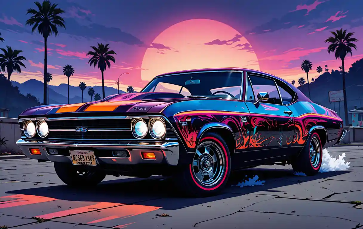 Illustrazione digitale colorata di muscle car al neon con linee decise
