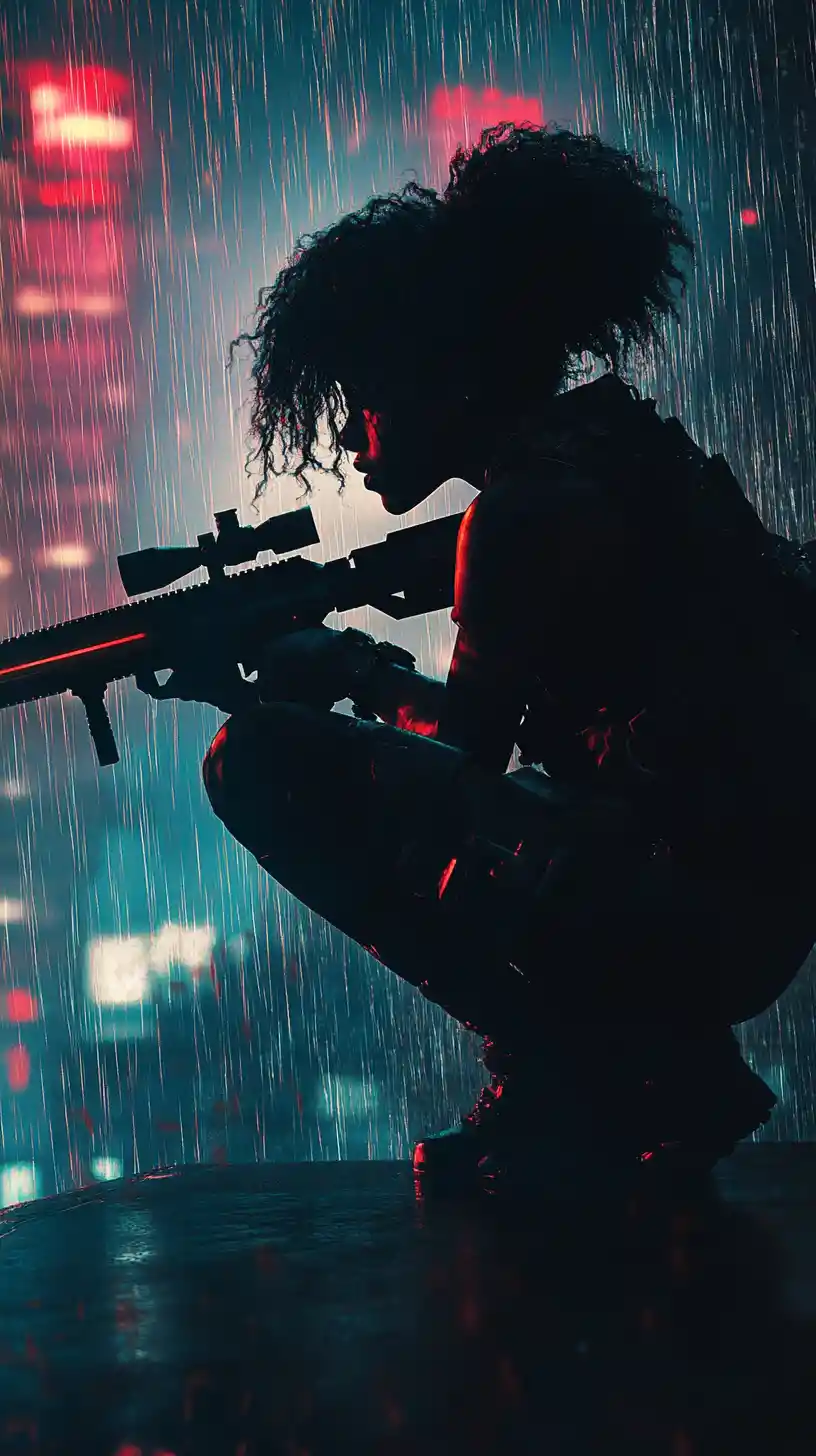 Sniper féminine afrofuturiste devant la skyline de Moscou éclairée au néon