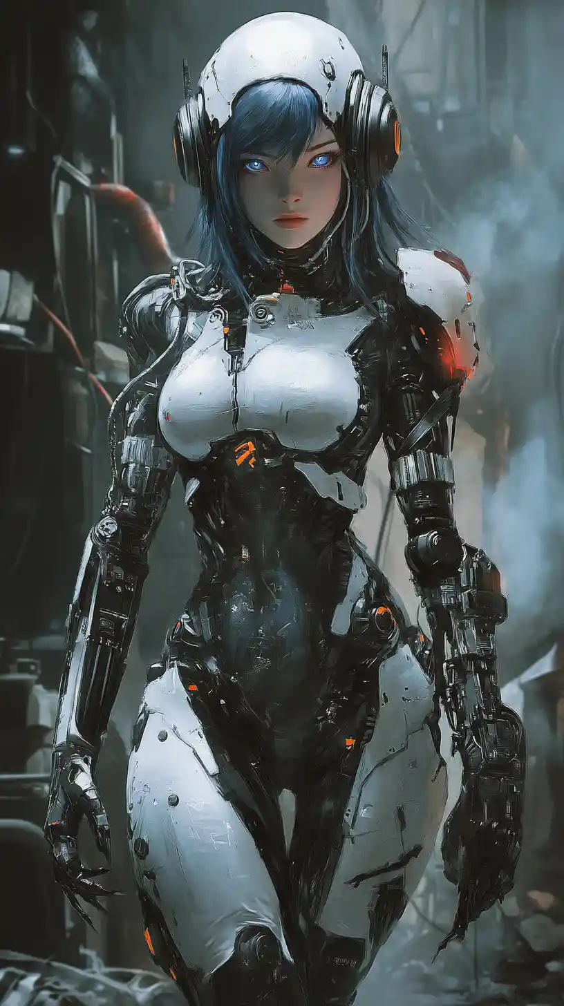 Héroïne d’anime cyborg en larmes au milieu de ruines industrielles steampunk