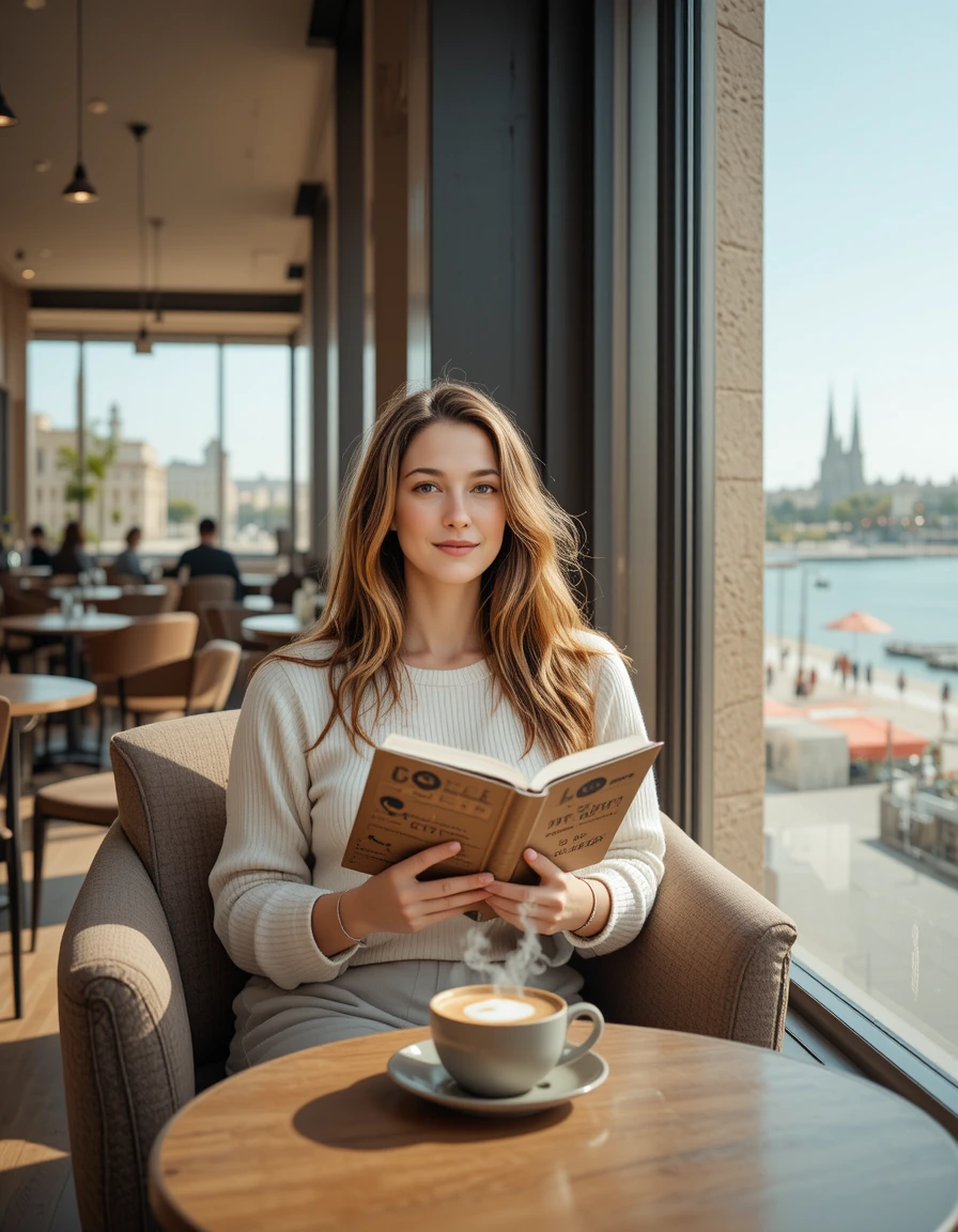 Woman reading by a window in a Barcelona coffee shop