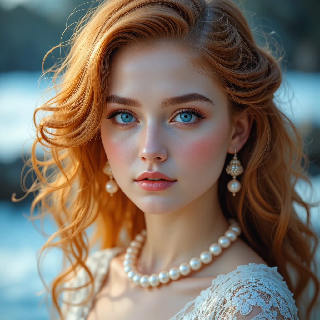 Giovane donna con occhi azzurri e capelli arancioni ondulati