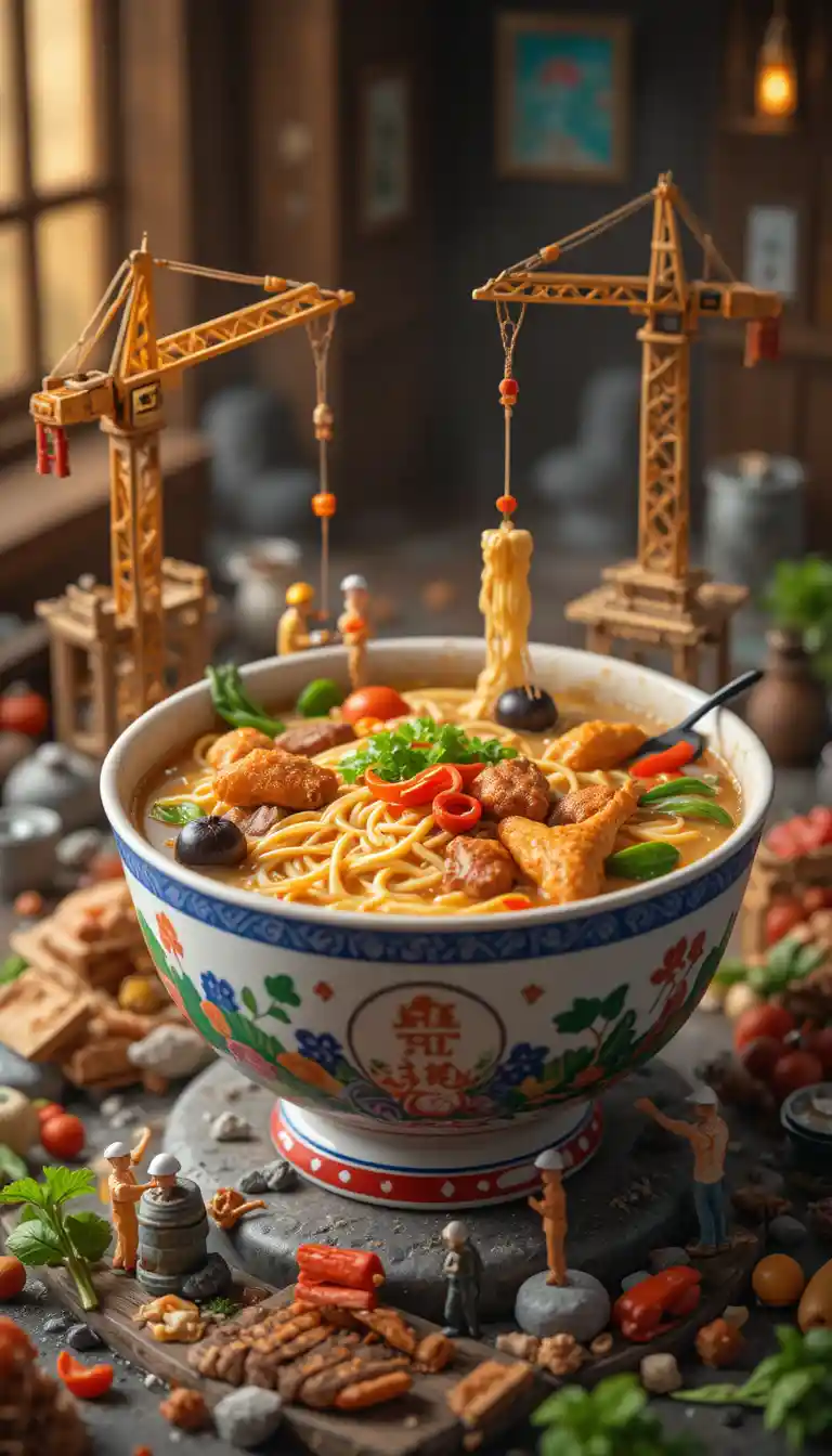 Giant Chinese chicken noodle soup as a tiny worker diorama
