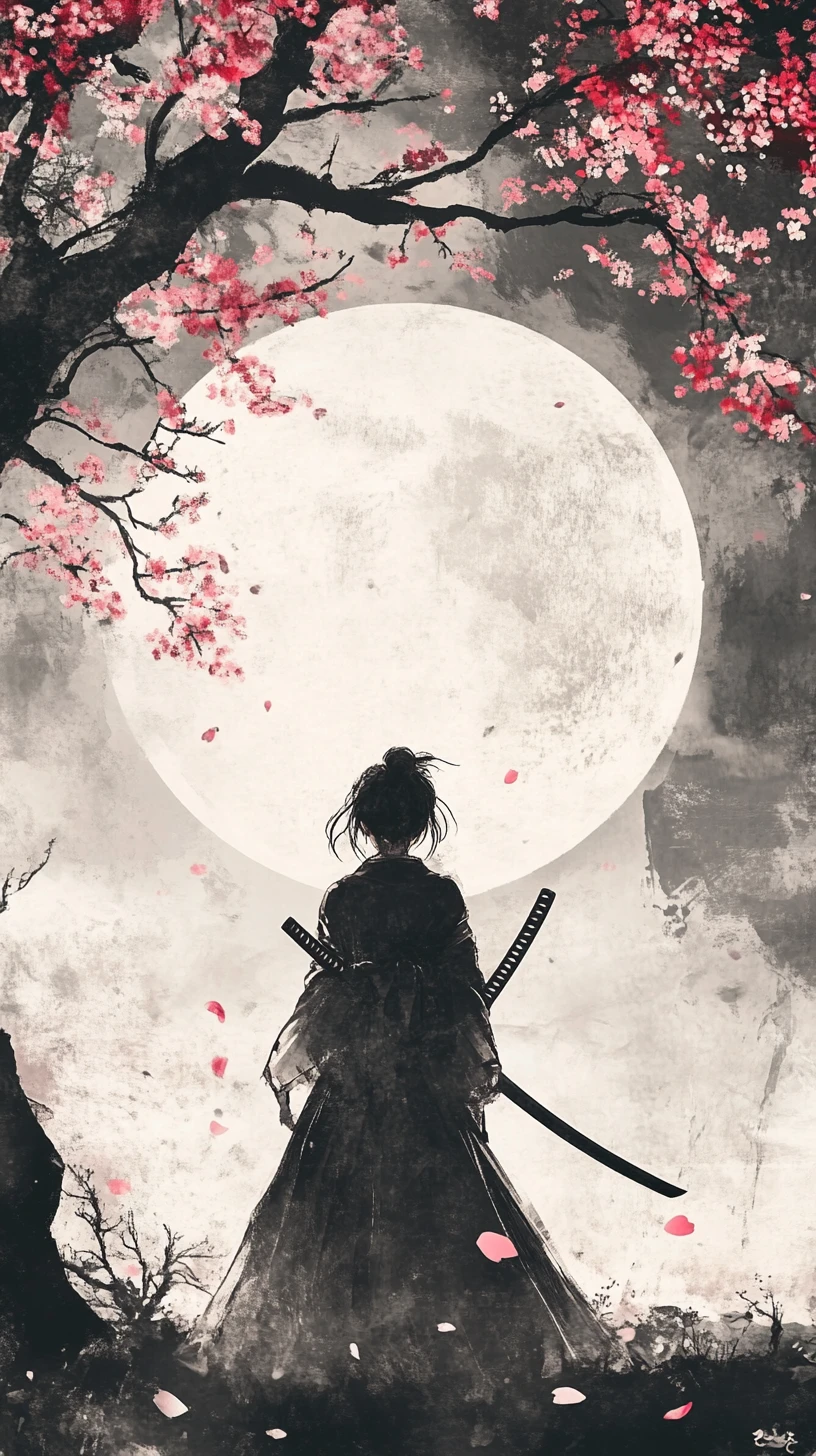 Ragazza samurai sotto i ciliegi in fiore di fronte alla luna piena