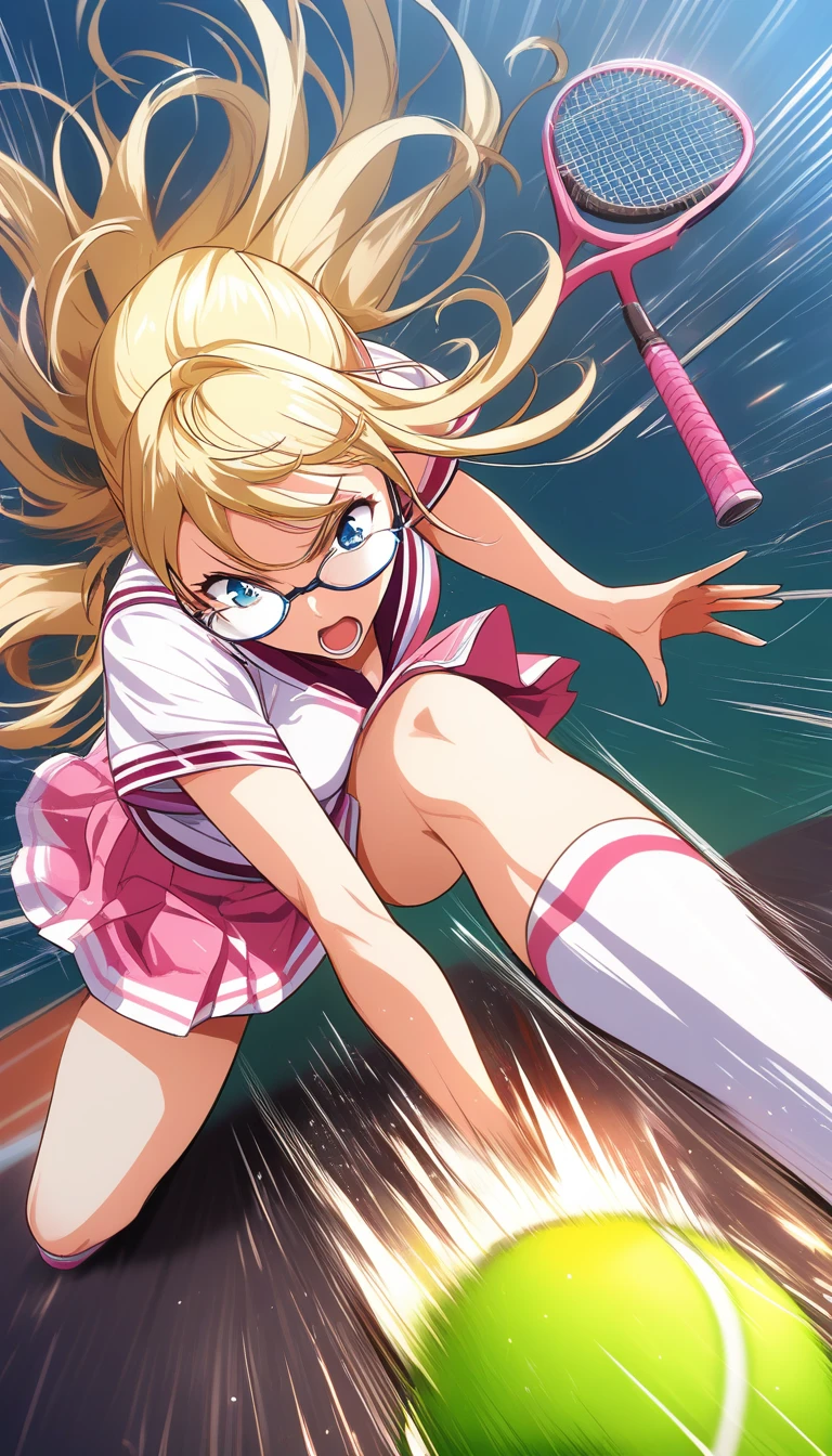 Anime tennis girl in dynamic high angle action shot