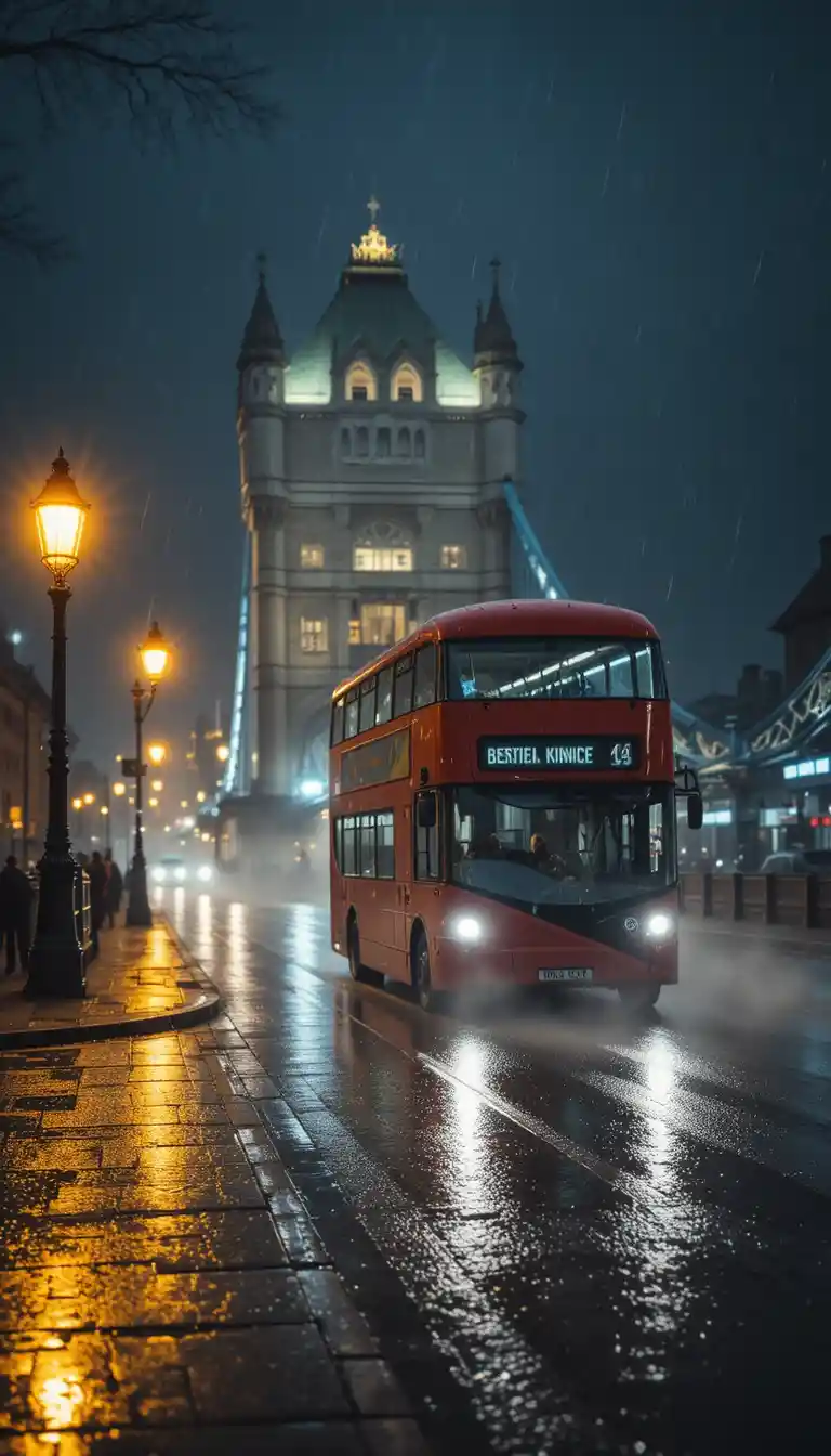 Rainy London night street with red bus by Tower Bridge