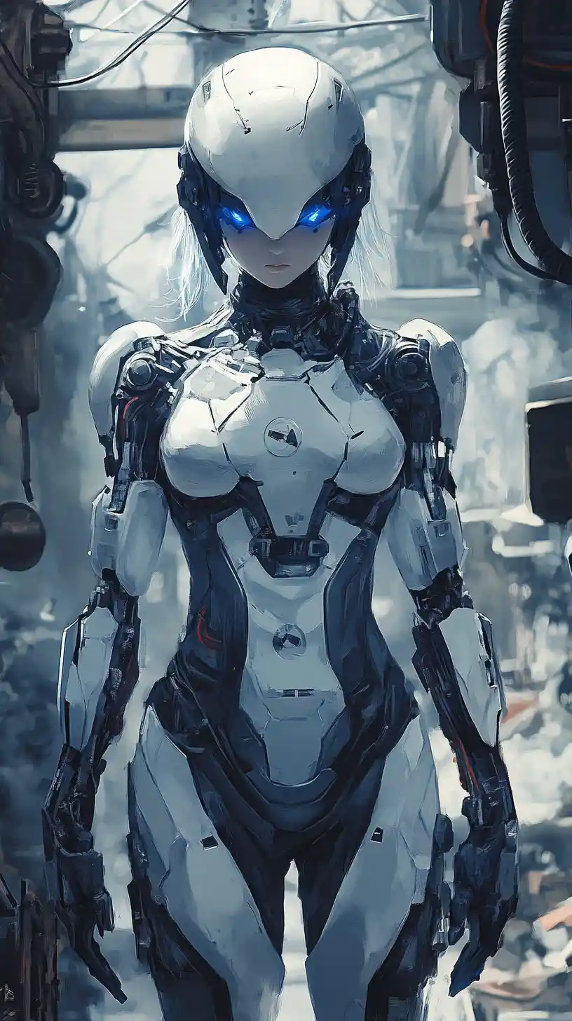 Héroïne cyborg d’anime défiant les ruines steampunk