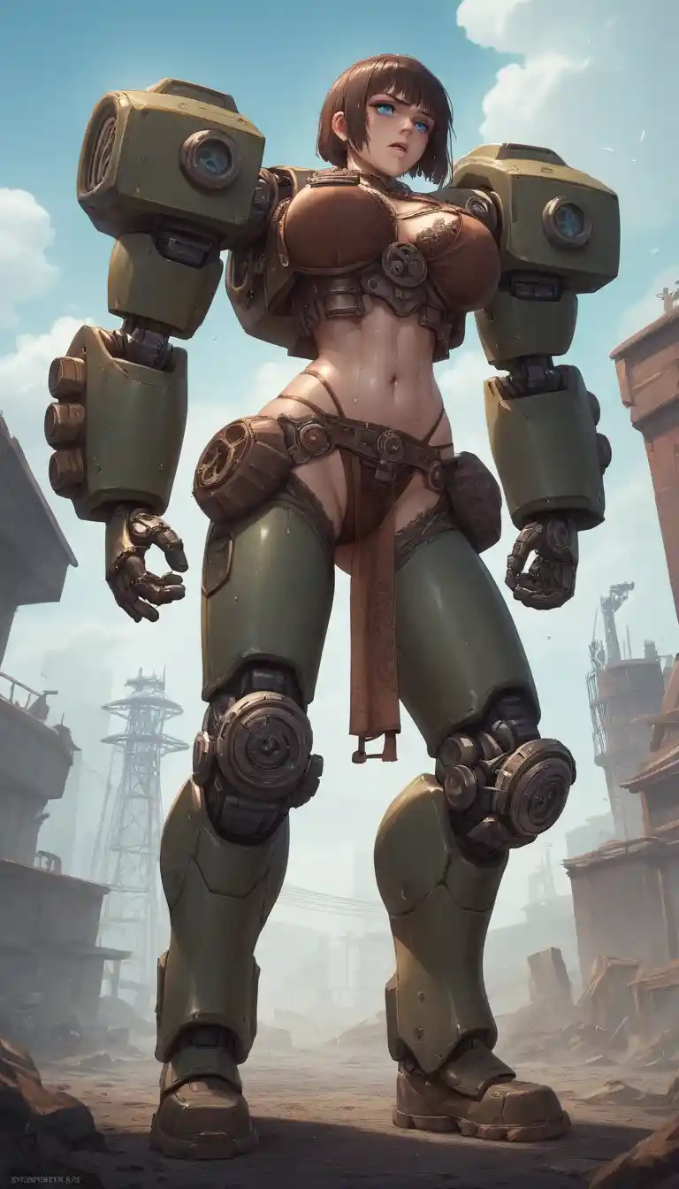 Héroïne d’anime cybernétique endurant la douleur dans une armure steampunk