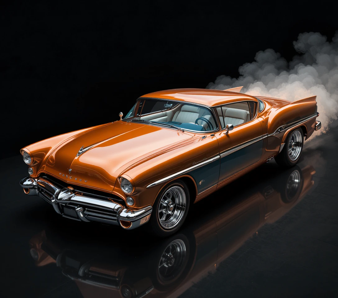 Carro customizado retrô de 1955 com rodas cromadas em fundo preto