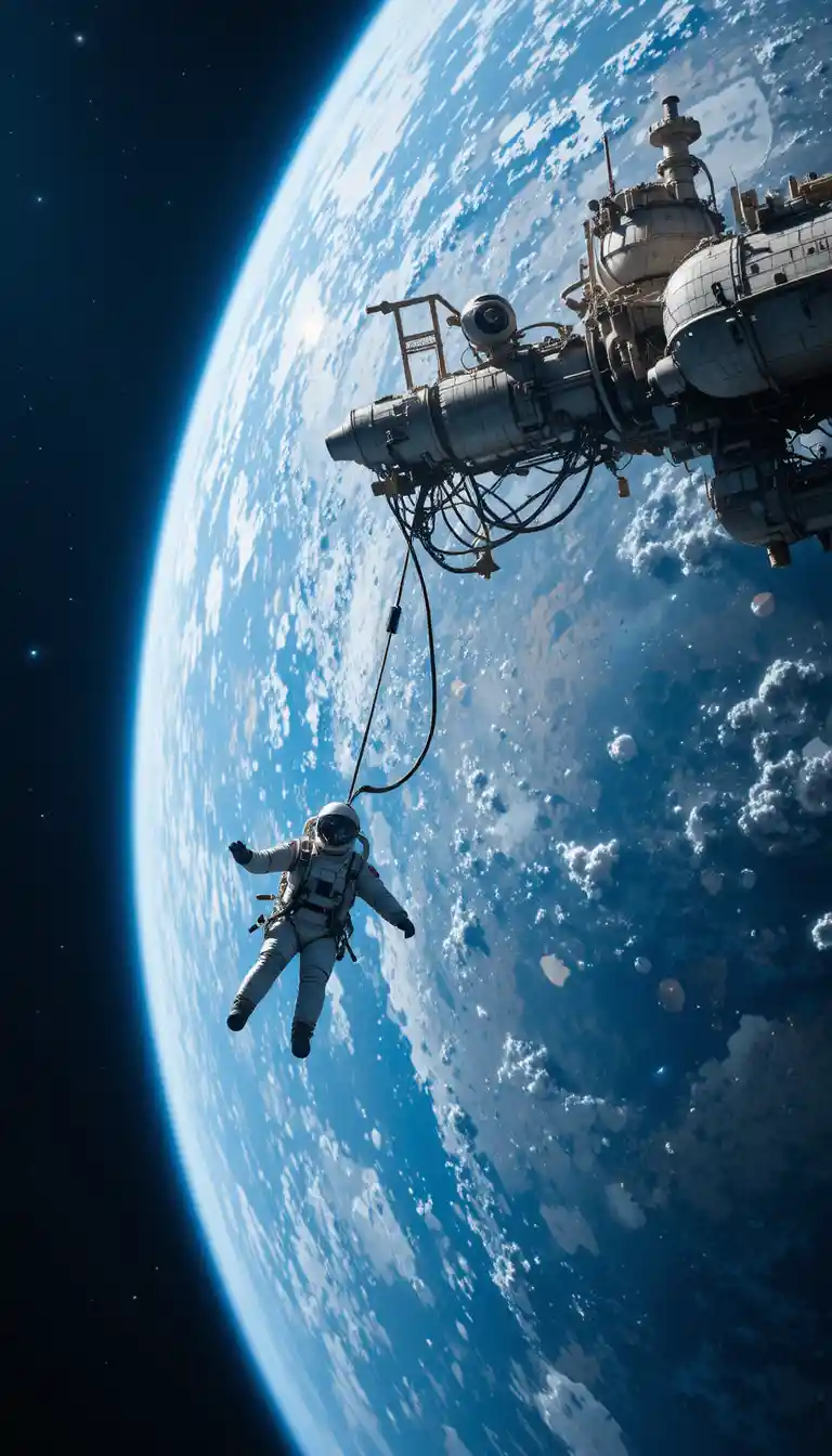 Raumstation umkreist blauen Planeten mit schwebendem Kosmonauten