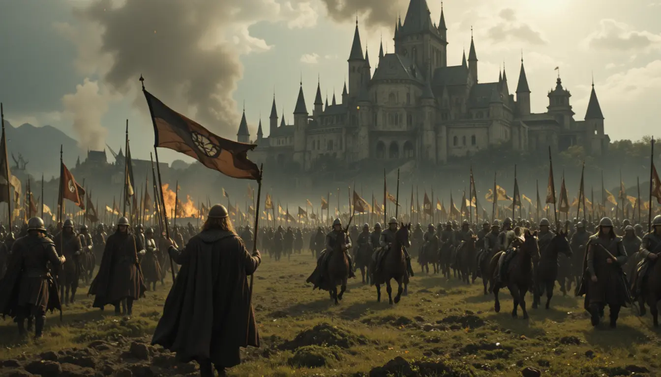 Dark armies besiege a vast white citadel fortress