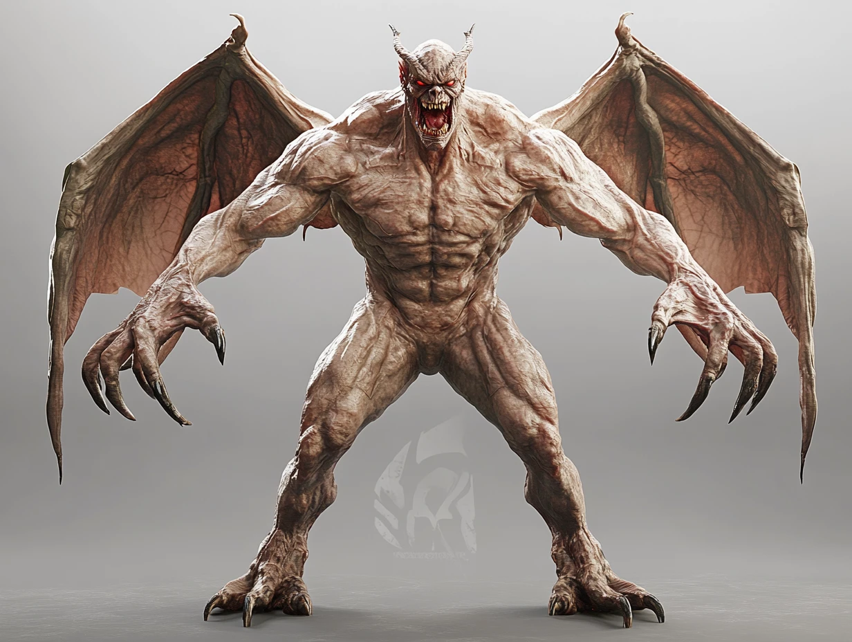 Demone 3D a figura intera con ali e arti artigliati