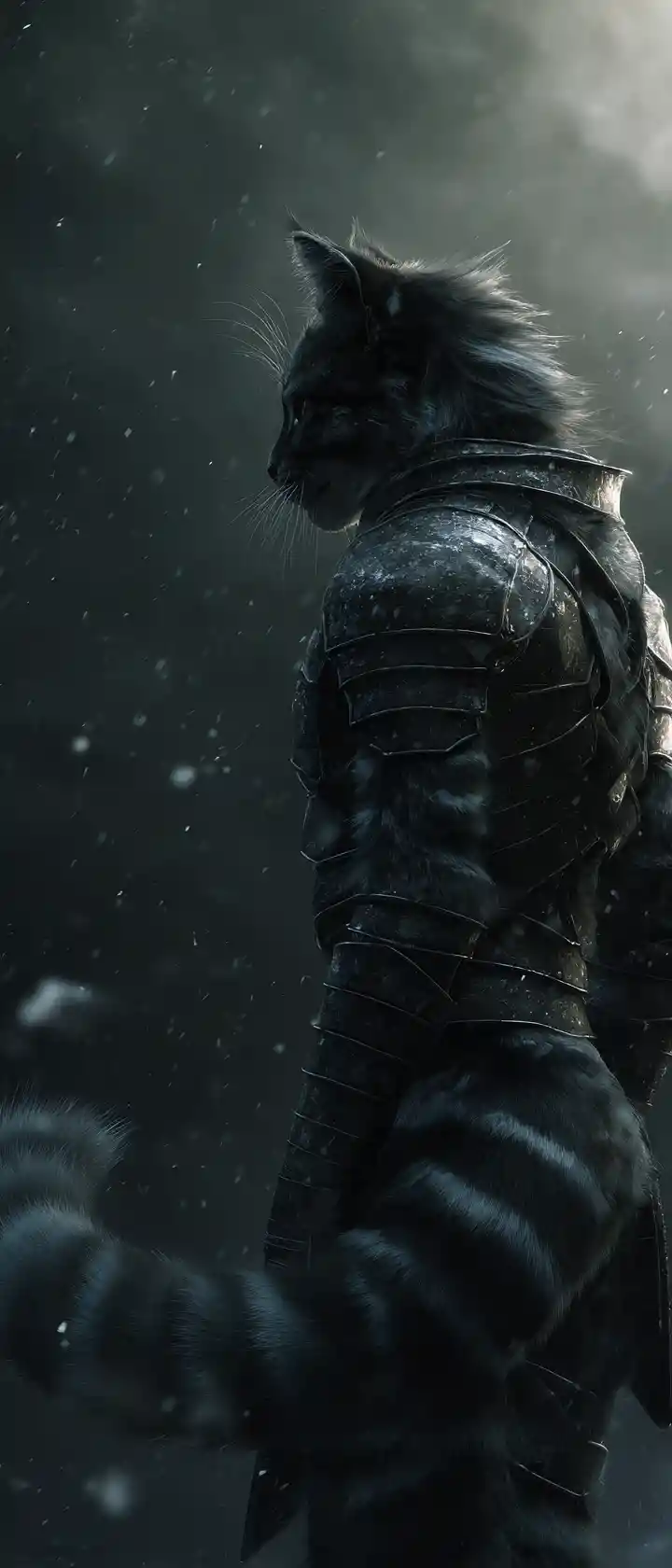 Armored warrior cat in a ruined winter cityscape