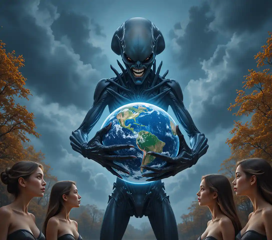 Criatura alienígena pairando sobre a Terra no espaço sideral escuro