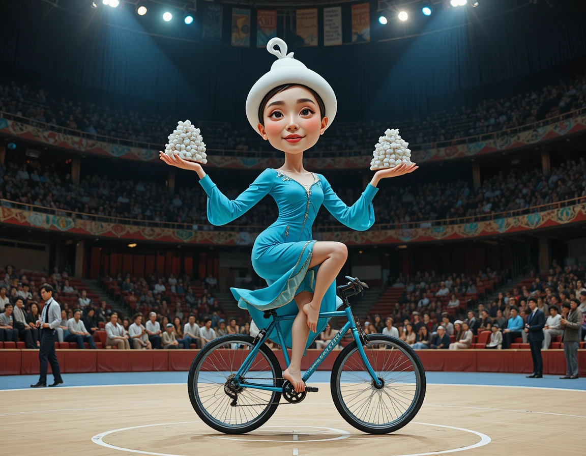 Femme asiatique en équilibre sur un monocycle lors d’une performance en salle de sport