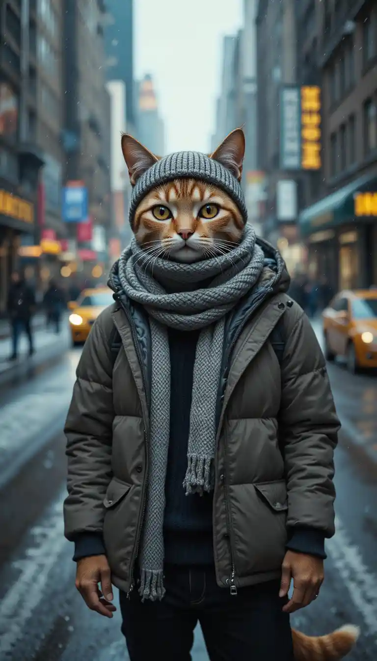 Anthropomorphic cat in winter streetwear on snowy city street
