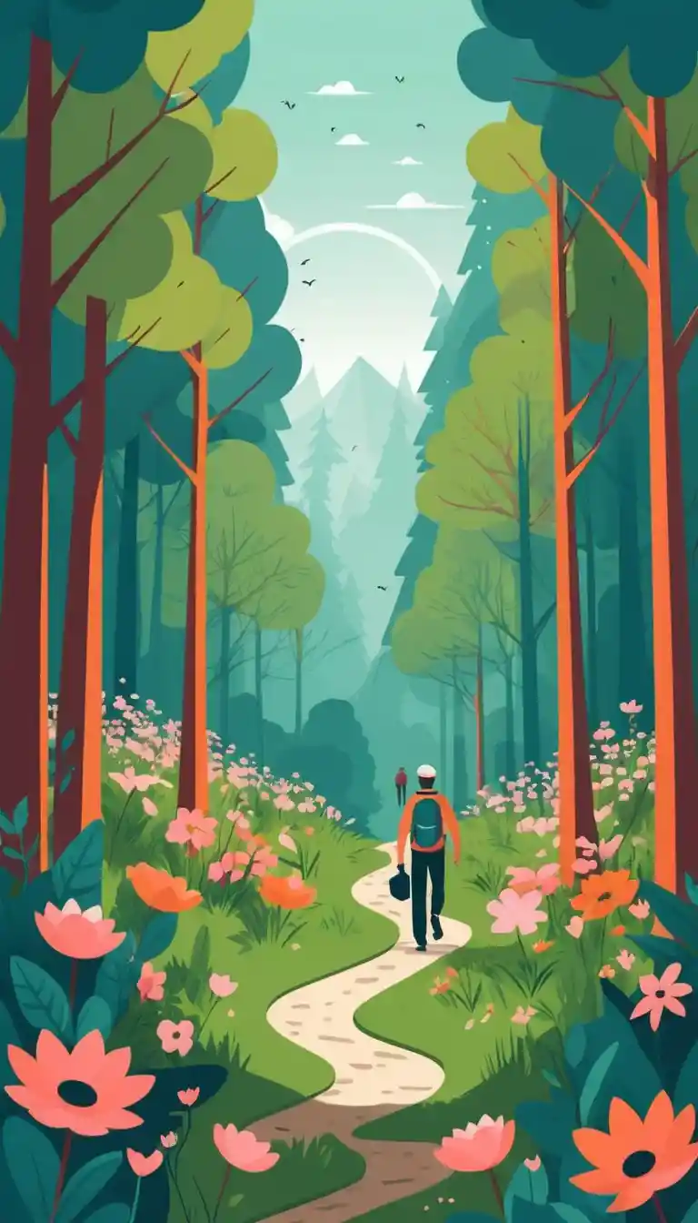 Escursionisti che camminano in una foresta flat design con fiori selvatici
