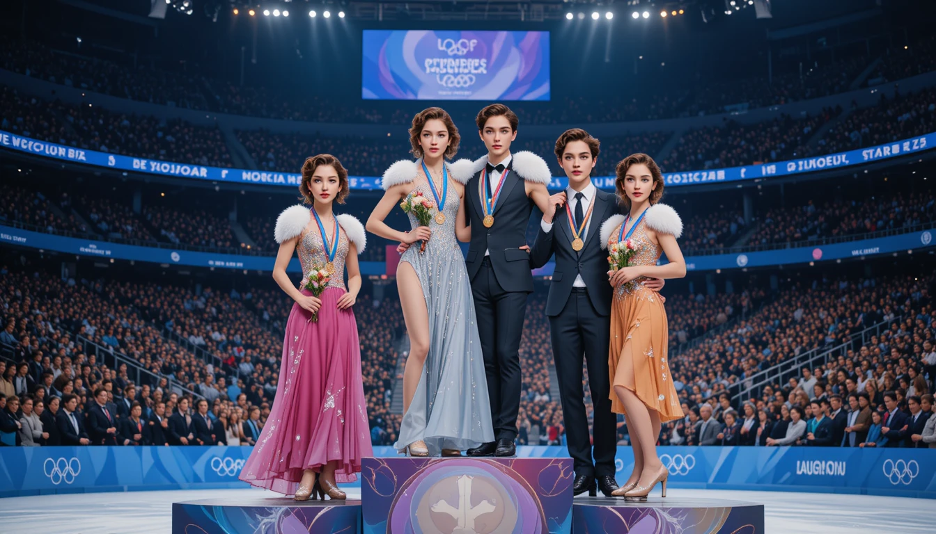 Figure skaters celebrating on an olympic medal podium