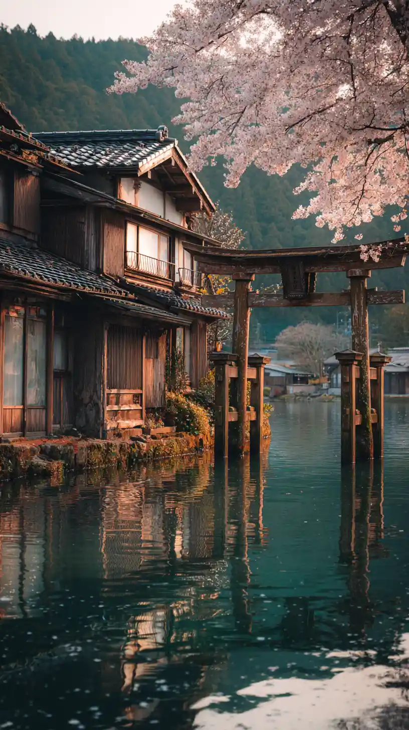 Tranquilo pueblo japonés junto al lago con cerezos en flor