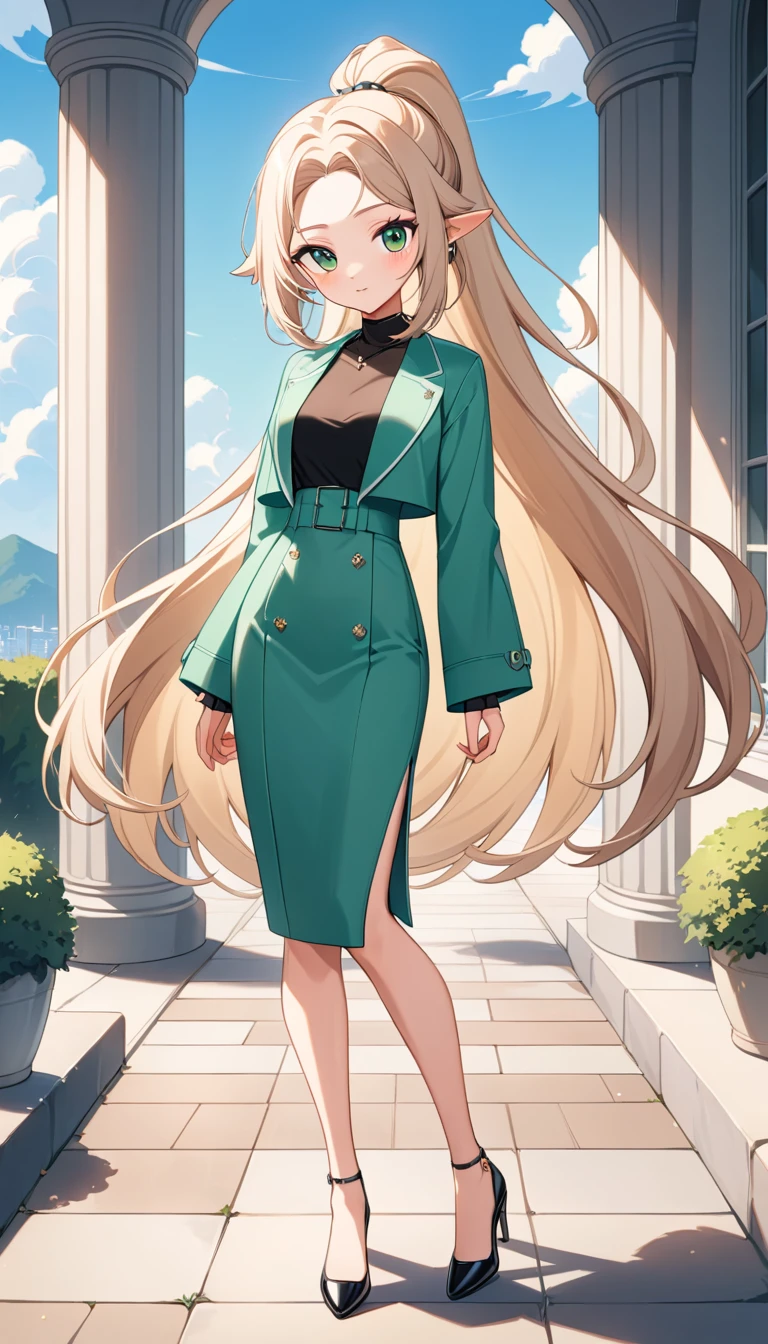Elegante donna anime in piedi nella luminosa luce solare all’aperto