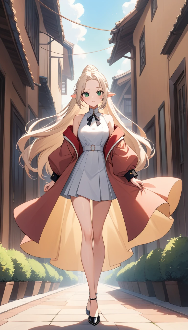 Elegant anime woman standing outdoors in bright daylight