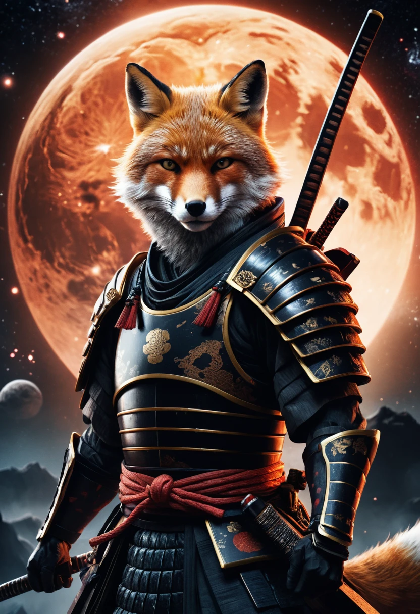 Guerriero volpe samurai antropomorfo che fluttua nello spazio profondo
