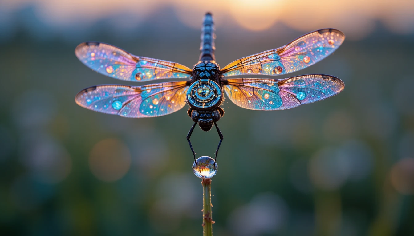 Libellule mécanique au-dessus d’une goutte de rosée dans une prairie au lever du soleil