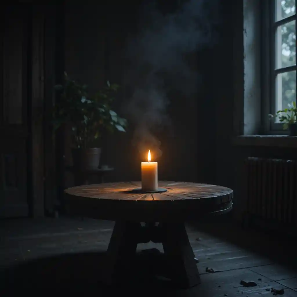 Bougie seule sur table en bois sombre dans une pièce ombragée