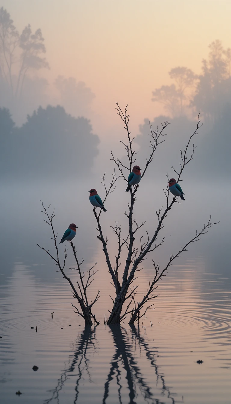 Sette uccelli canori su rami spogli sopra un lago nebbioso