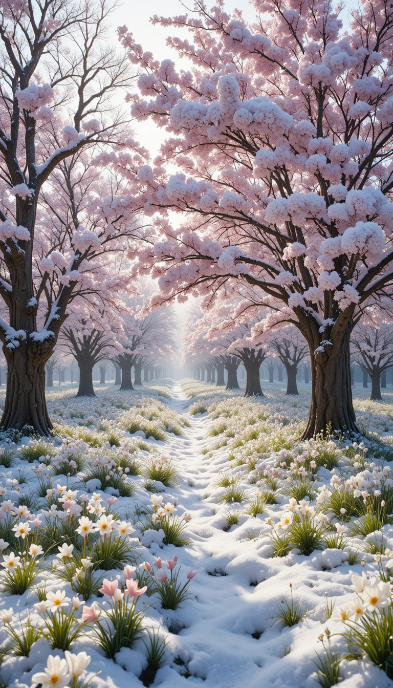 魔幻春冬景色中的櫻花與白雪
