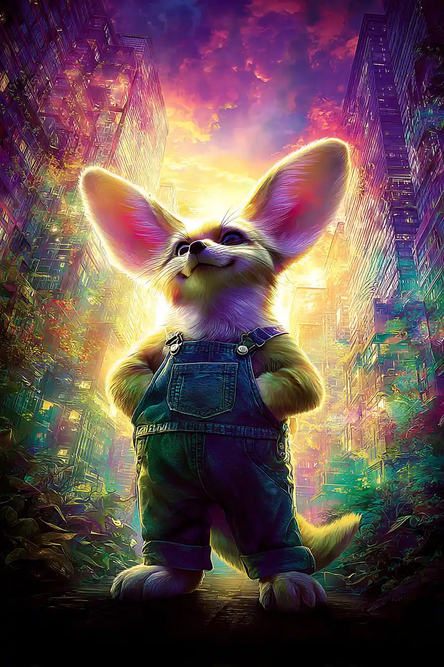 Cute fennec fox in denim overalls in a city scene