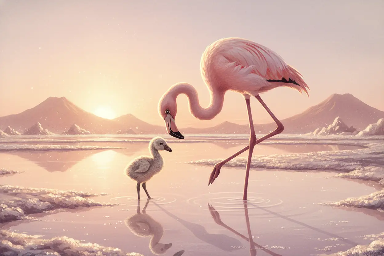 Mutterflamingo, der bei Sonnenuntergang über sein frisch geschlüpftes Küken wacht