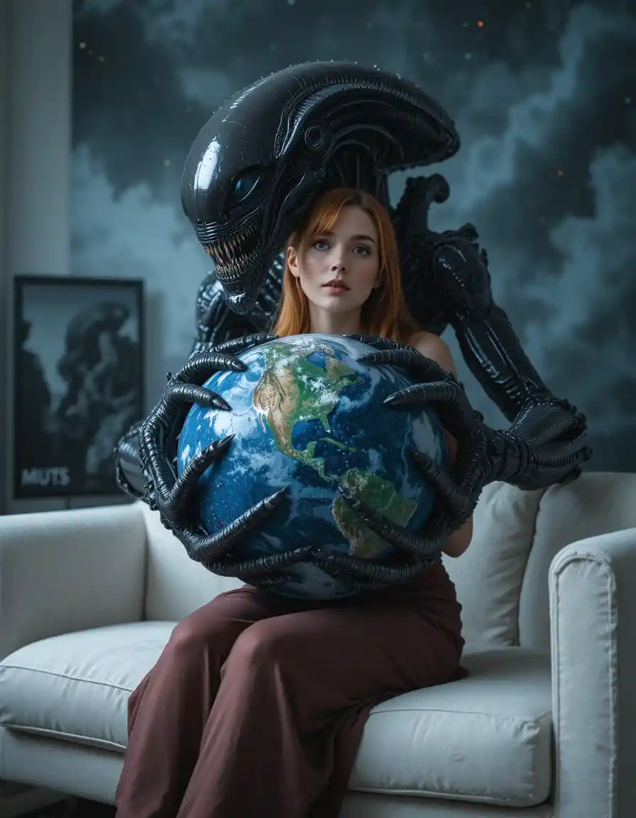 Alien creature embracing planet Earth in outer space