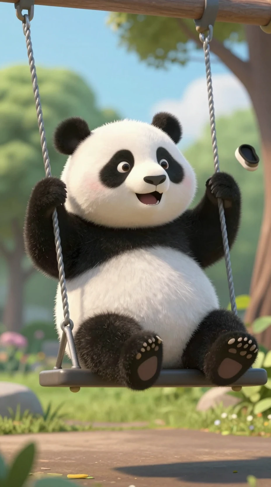 Niedliches Baby-Panda schaukelt hoch auf einem sonnigen Spielplatz