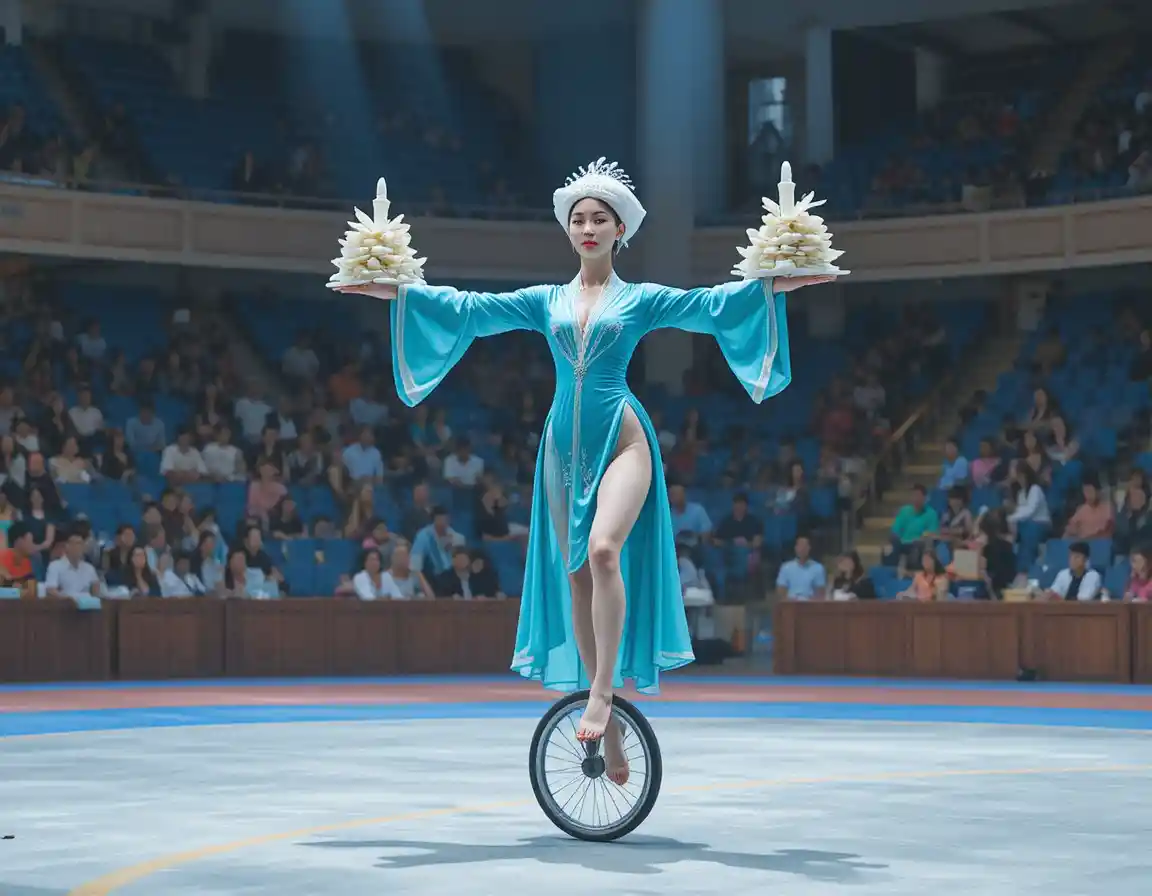 Mujer asiática equilibrándose en un monociclo con vestido turquesa