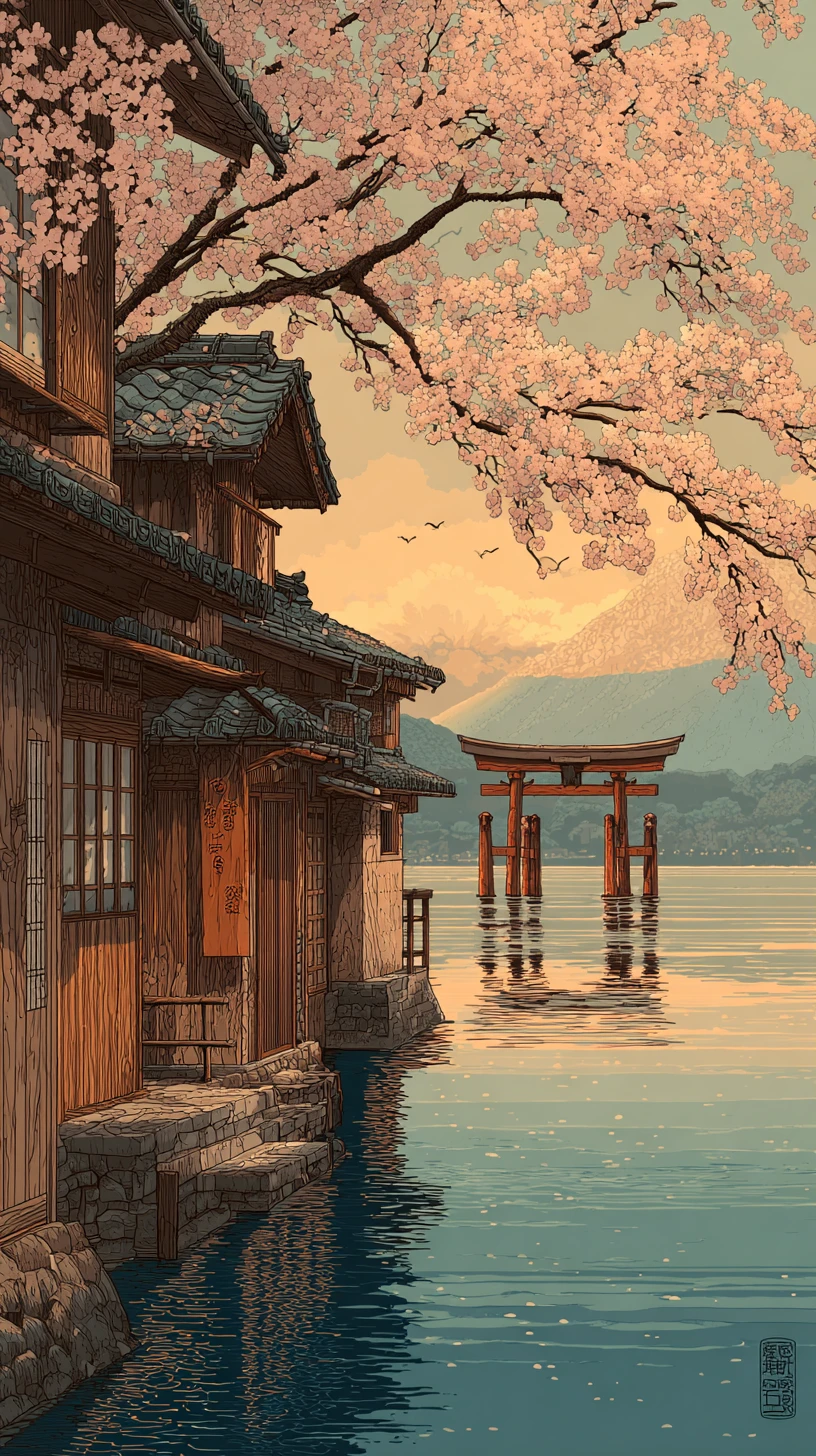 日本湖畔鳥居與櫻花村莊