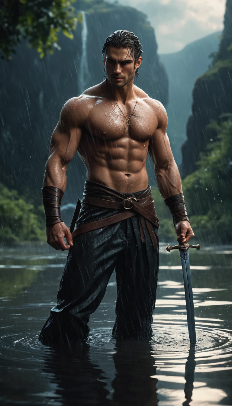 Guerreiro sem camisa ajoelhado na água erguendo uma espada