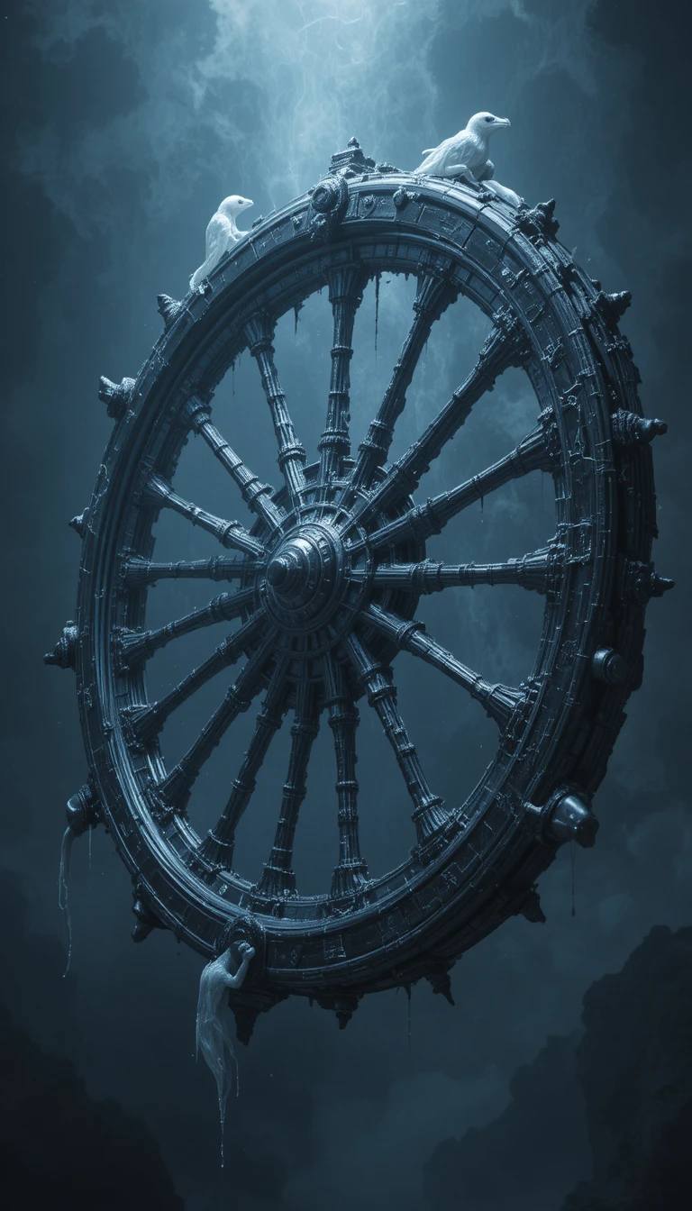 Antiga roda mecânica de osso e metal à deriva no vazio