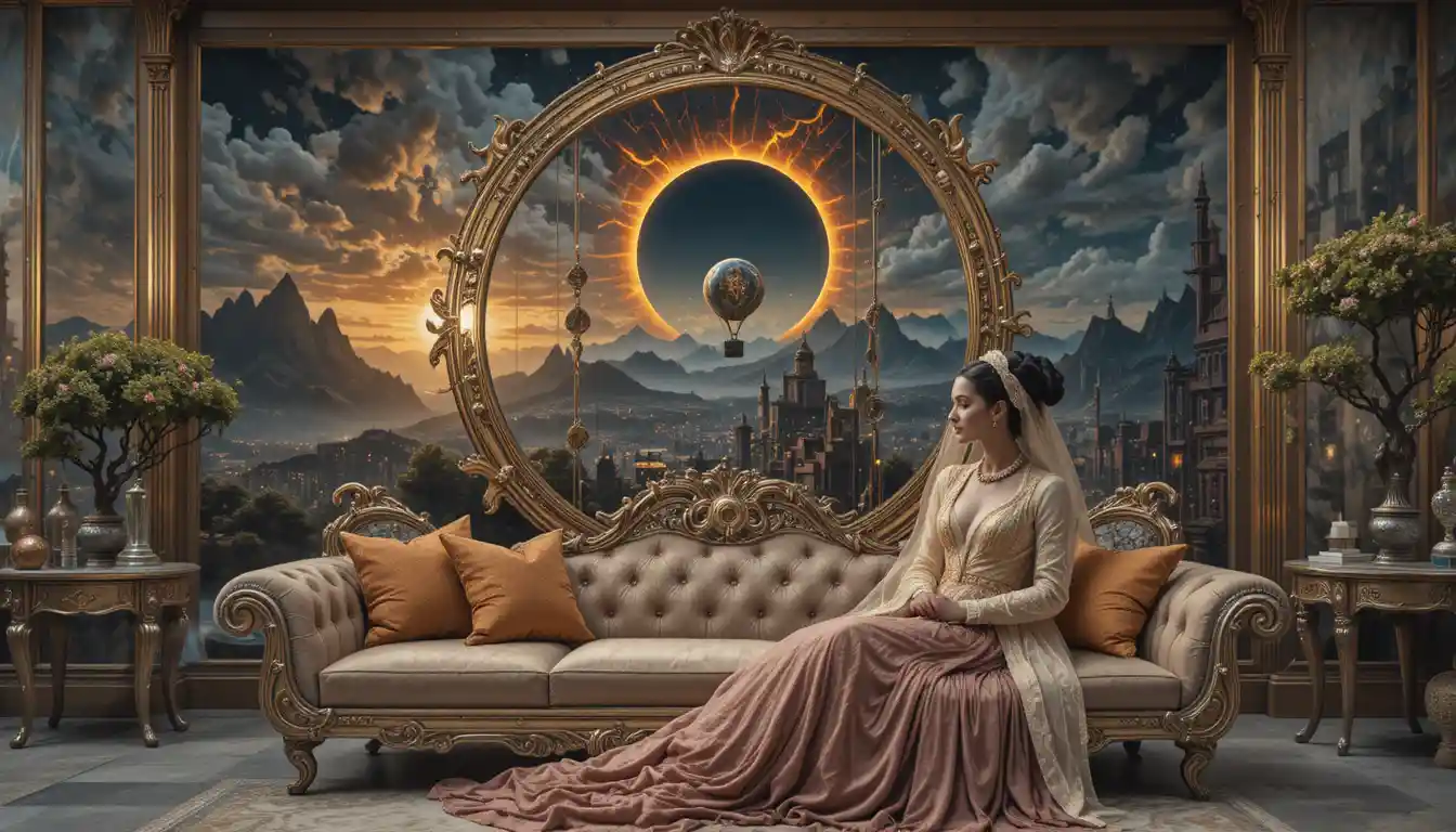 Salon baroque futuriste avec canapé en métal et vue extraterrestre