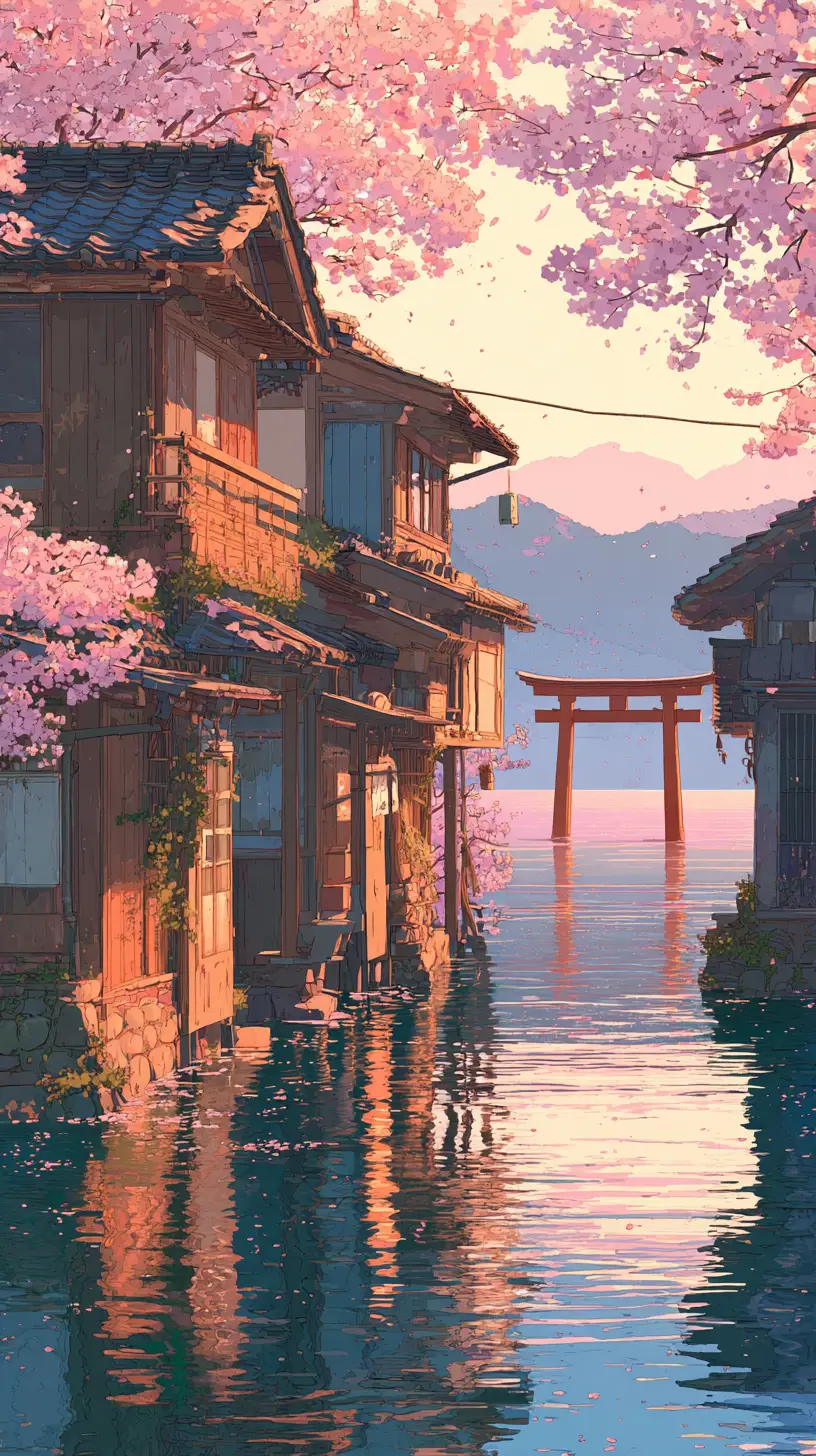 日本湖畔鳥居與櫻花村莊