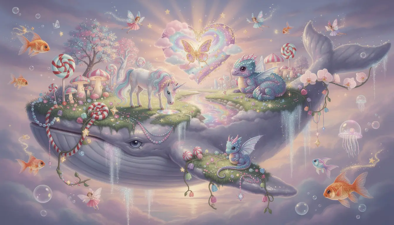 Dolce balena di nuvole che fluttua in un cielo fantasy pastello
