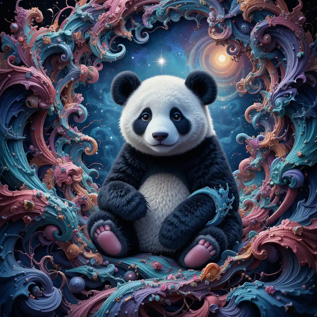 Verspielter Panda in einer farbenfrohen fraktalen Traumlandschaft
