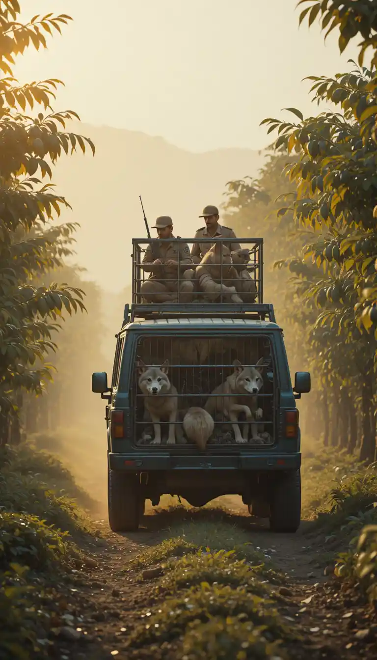 Wildlife rescue team capturing wolves in mango orchard