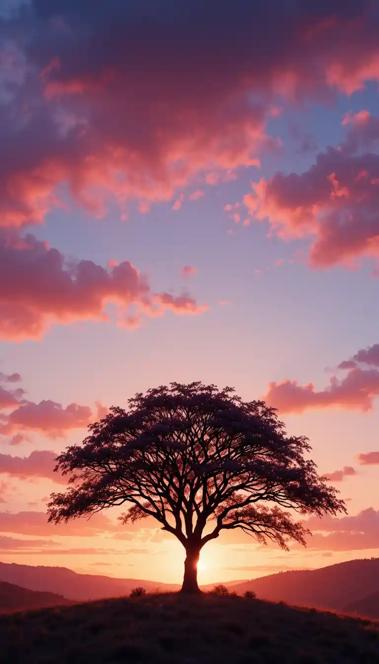Silhouette eines einsamen Baums bei Sonnenuntergang über sanften Hügeln