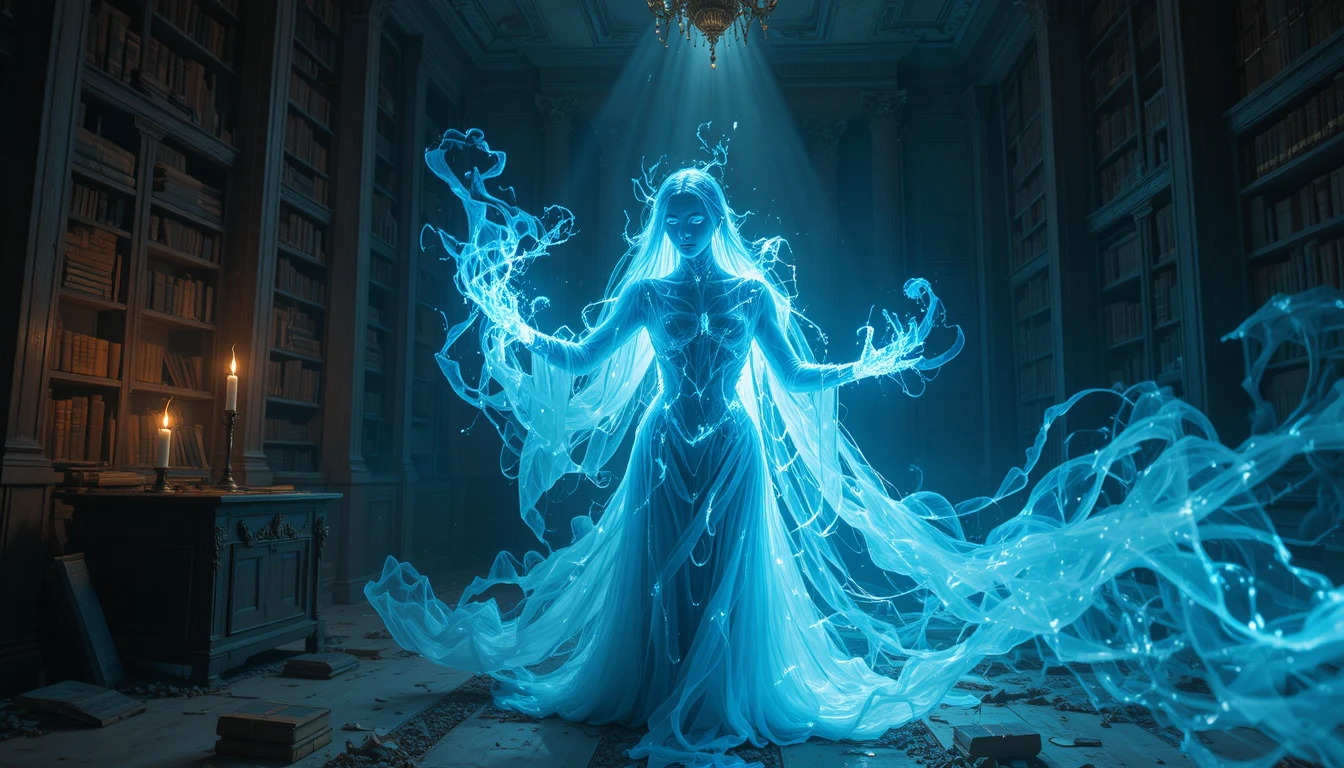 Mago fantasmagórico lançando magia que distorce a realidade em uma biblioteca escura
