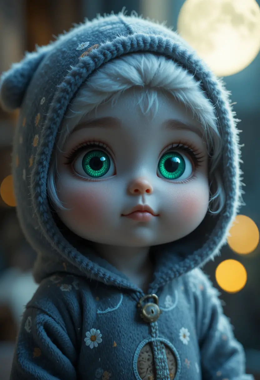 Adorable personnage de lune en pyjama à capuche avec de grands yeux verts brillants
